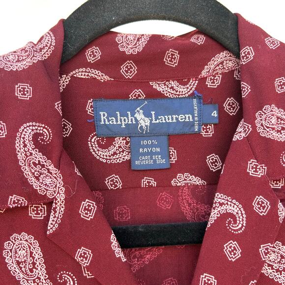 Vintage Ralph Lauren Maroon Paisley Button Down Shirt Blouse Size 4 Shoulder Pad - Picture 3 of 6